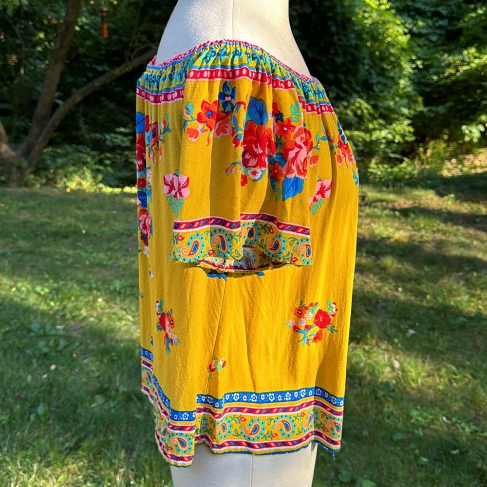 Flying Tomato Off Shoulder Yellow Floral Peasant Blouse - Picture 5 of 6